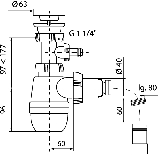 Сифон Wirquin Минор с выпуском 1¼ х 40 мм с отводом для стиральной машины и гофротрубой L800 мм, 40х40/50 (30718052) - фото 2