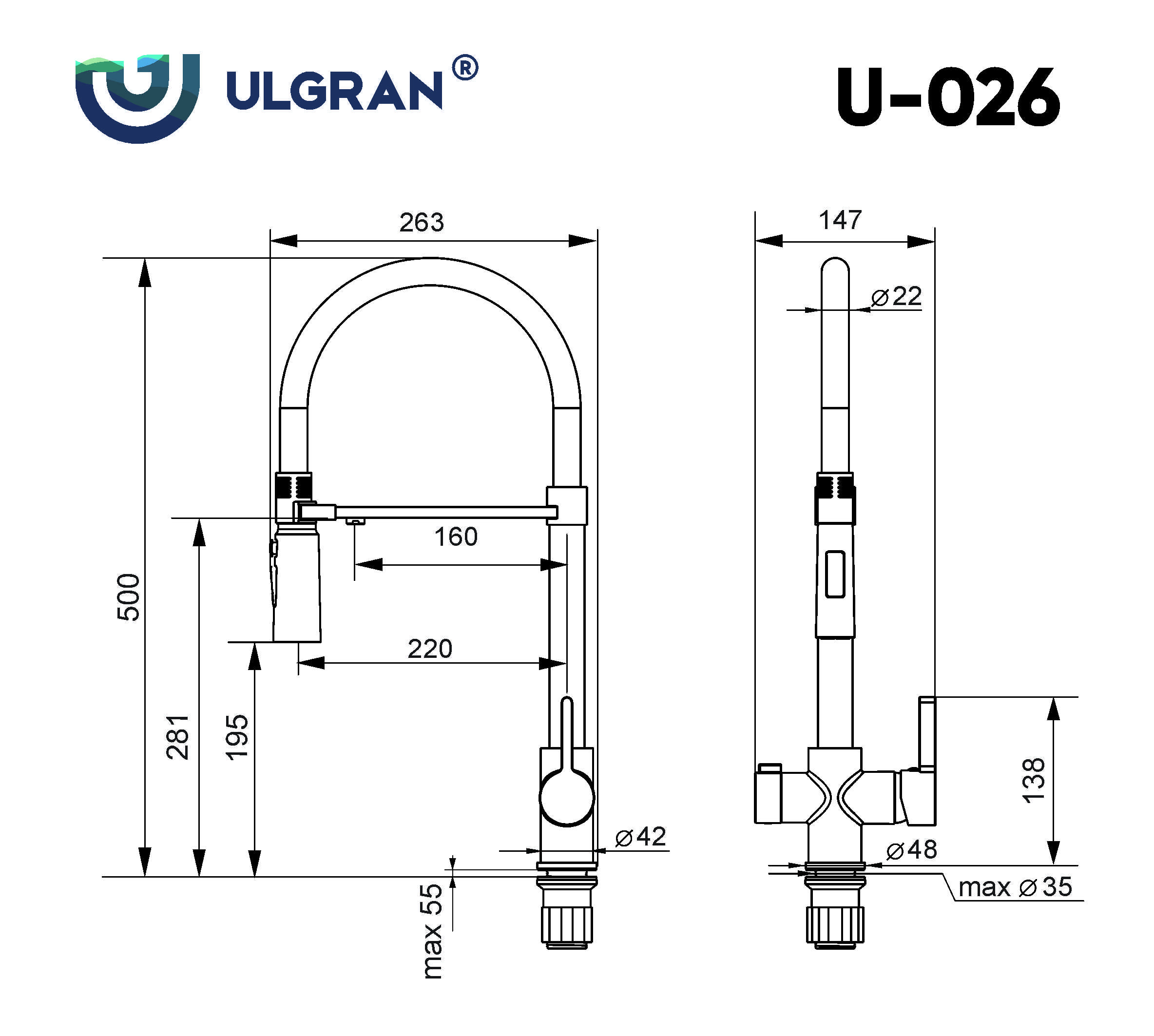 Смеситель для кухни Ulgran Classi (U-026 черный матовый) - фото 3