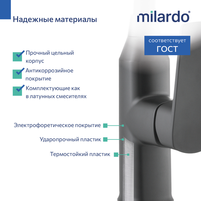 Смеситель для кухни Milardo Poli с гибким изливом, черный матовый (POLBL0FM05) - фото 6