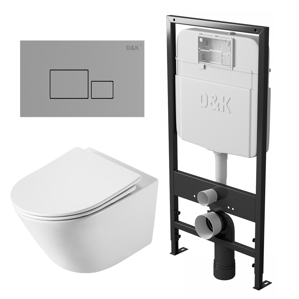 Комплект DQ Унитаз подвесной безободковый (торнадо) DT1476516 белый + Инсталляция DI8055119 + Клавиша смыва DB1519001, хром (DS1471602)