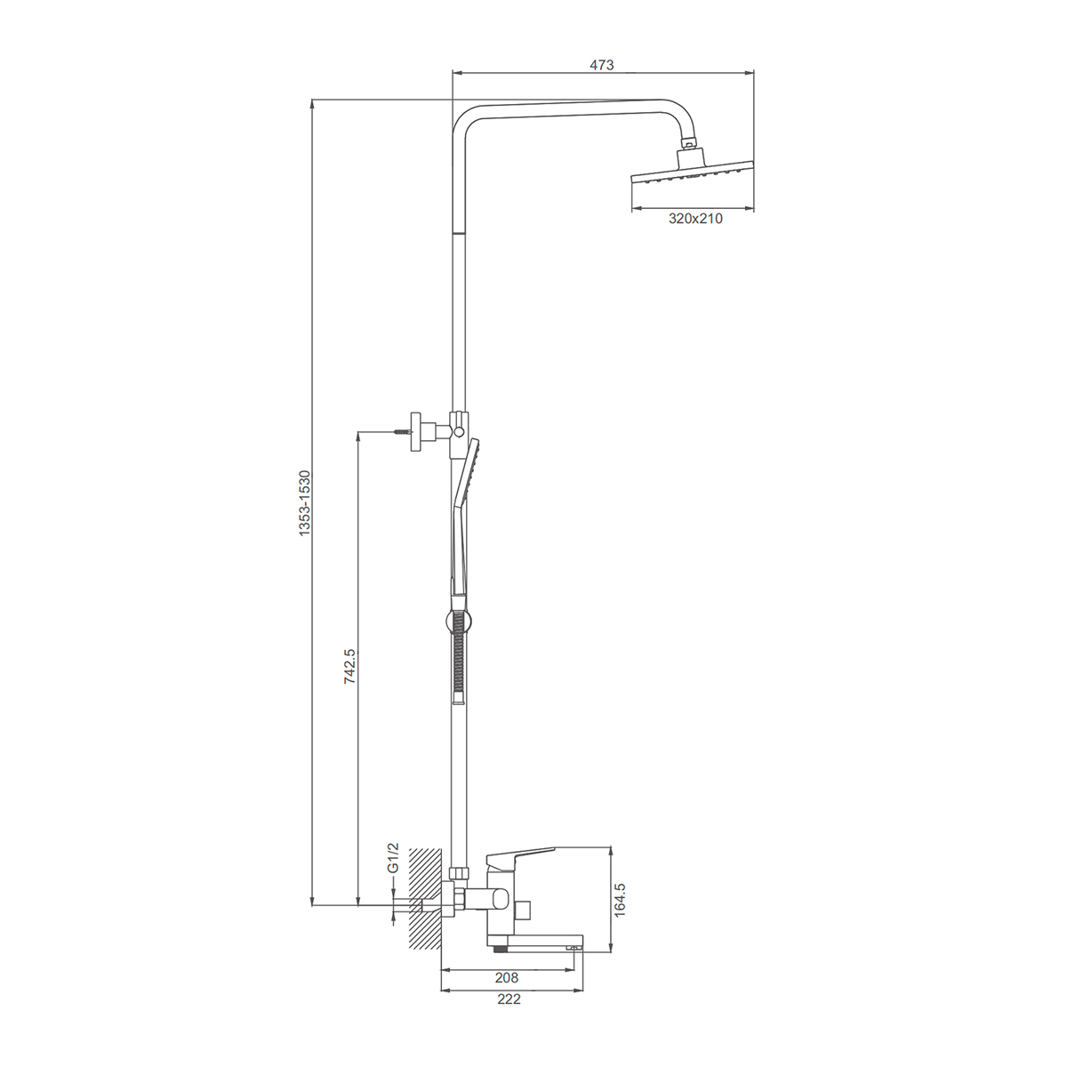 Душевая система Prohanss для ванны и душа с тропическим душем поворотный излив 15 см, графит (P60.24.09) - фото 2