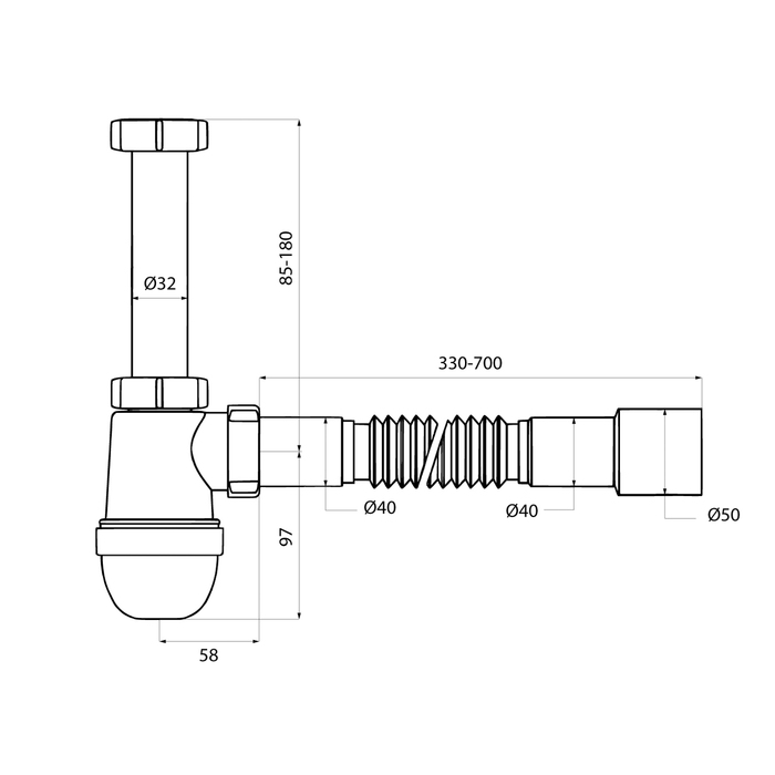 Сифон бутылочный IDDIS Optima Home 1.1/4x40мм, с гофротрубой 40/50мм (900B000010VD) - фото 2