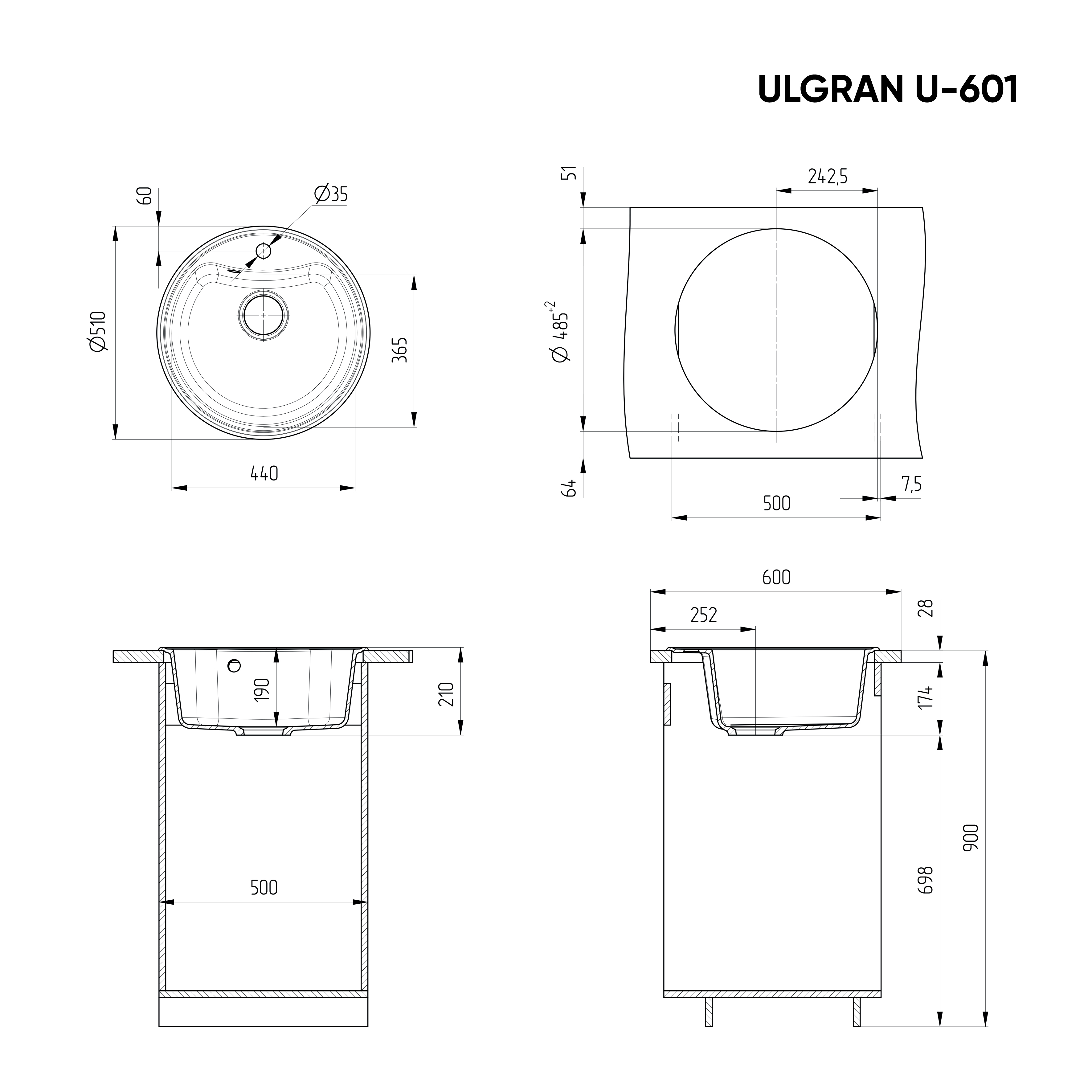 Мойка Ulgran Classic черный (U-601-308) - фото 3