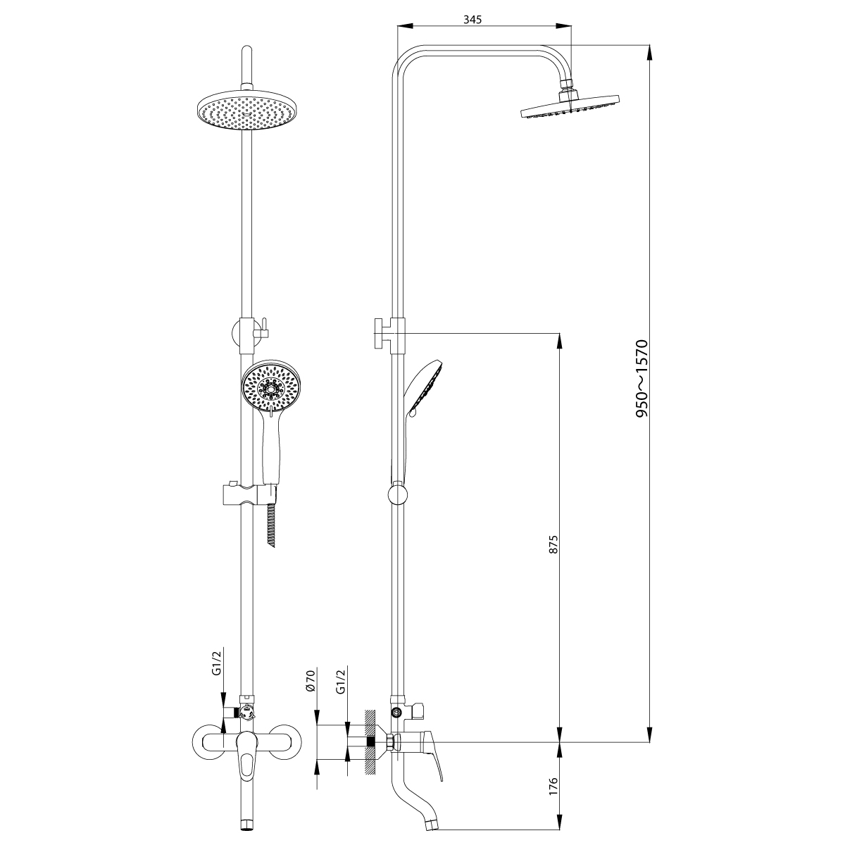 Смеситель Rossinka B для ванны и душа с регулируемой высотой штанги, поворотным изливом и лейкой (B35-46) - фото 2