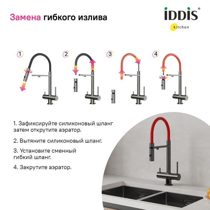 Сменный гибкий шланг для смесителя IDDIS Kitchen Line силикон, цвет красный (FSPRD00i59) - фото 3