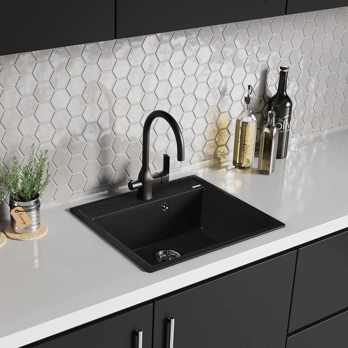 Кухонная мойка Lemark HANKA 570 врезная прямоугольная из кварцгранита цвет: Серый шёлк (9910017) - фото 3