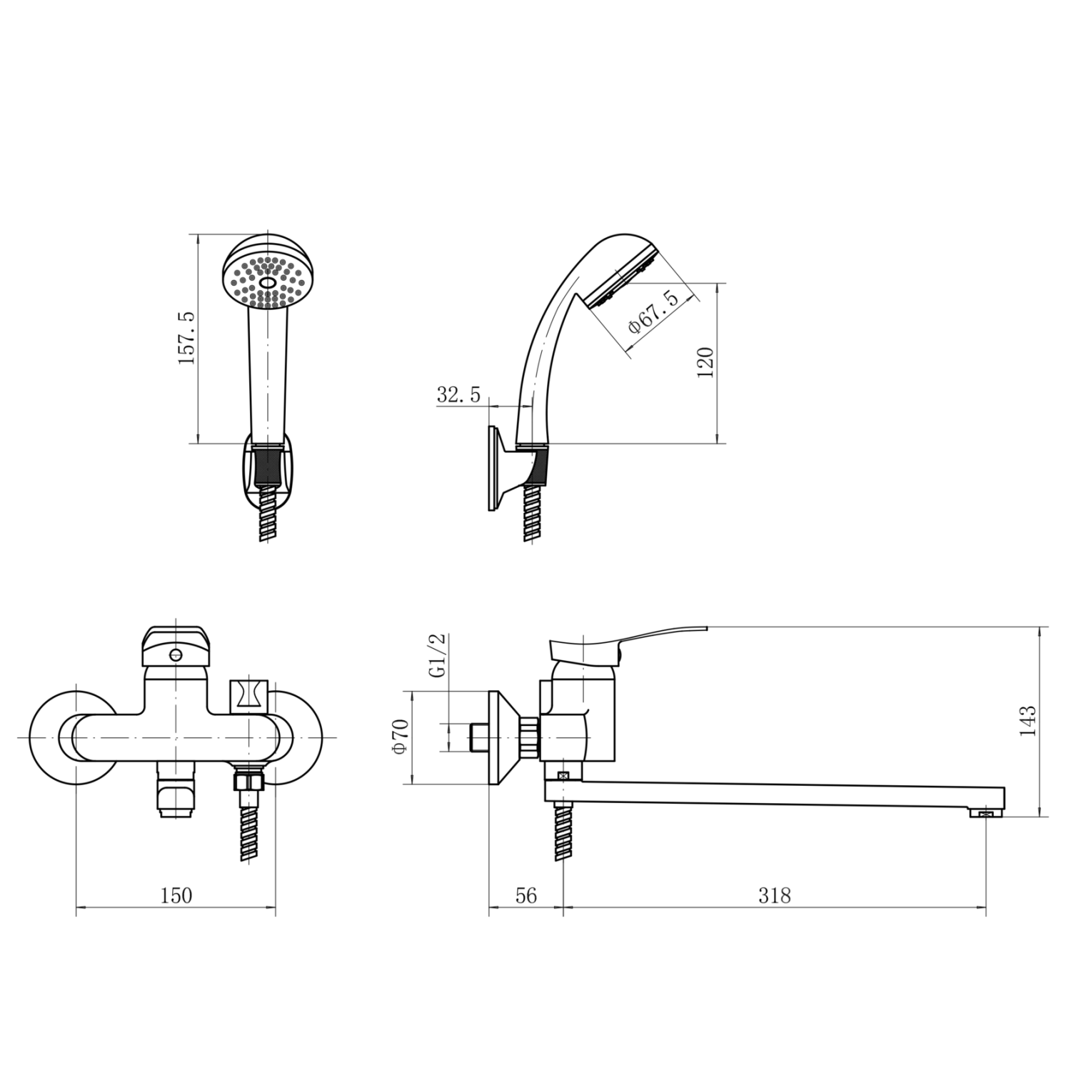 Смеситель ванно-душевой Plstart с душевым гарнитуром хром (PD22601) - фото 3