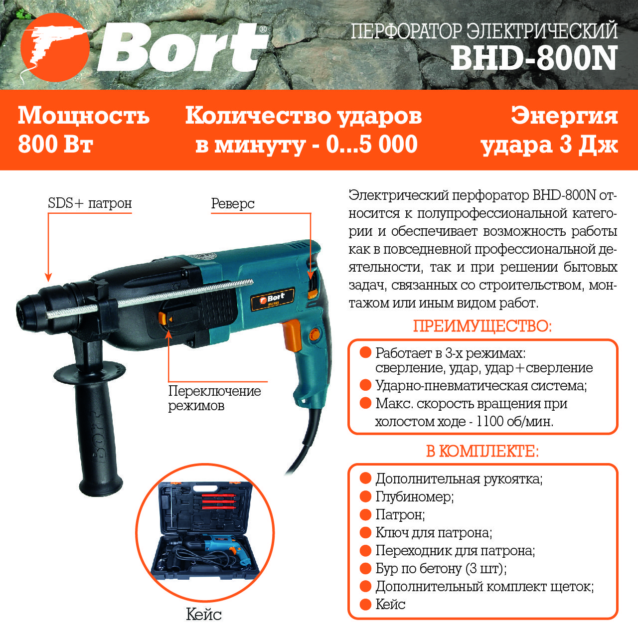 Перфоратор электрический Bort BHD-800N (93724672) Перфоратор электрический Bort BHD-800N (93724672) - фото 7
