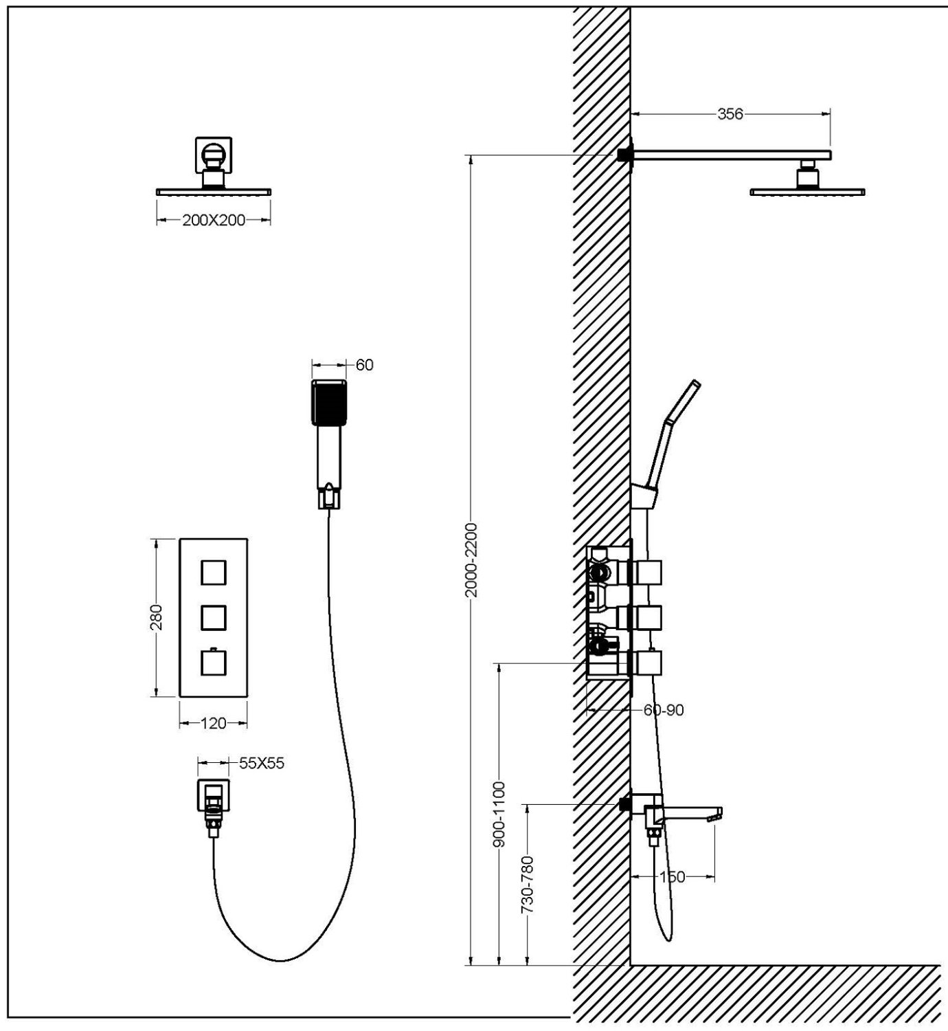 Душевая система встроенная с термостатом Timo Tetra-thermo черный (SX-0199/03SM) - фото 3