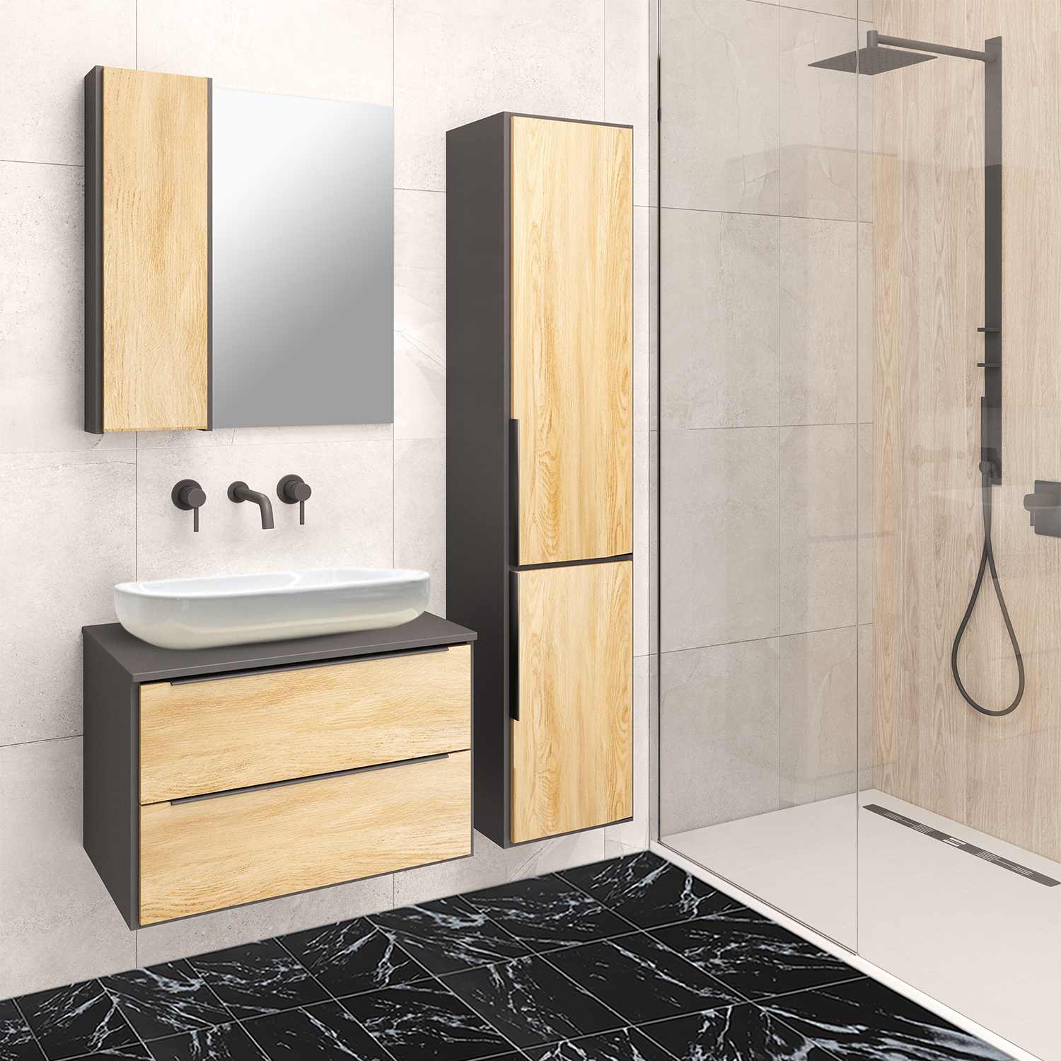 Тумба Runo Мальта 70 подвесная дуб черный под накладной умывальник Moduo Square 50/Moduo Leaf 55 (00-00001097) - фото 3