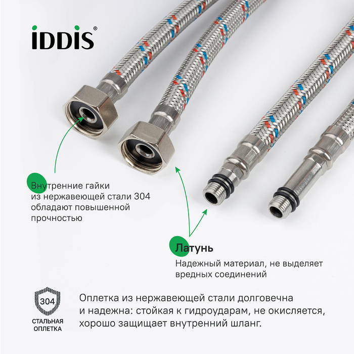 Гибкая подводка IDDIS Optima Home F1/2xM10S, F1/2xM10L, SS304, латунь, 1,0 м, комплект 2 шт (926CBS10ZP) - фото 3