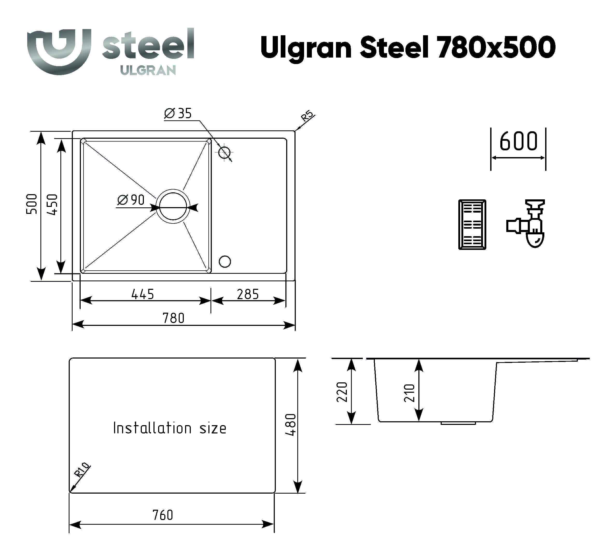 Мойка ULGRAN STEEL 780 Х 500, цвет «брашированная сталь» (US 780-001) Мойка ULGRAN STEEL 780 Х 500, цвет «брашированная сталь» (US 780-001) - фото 7