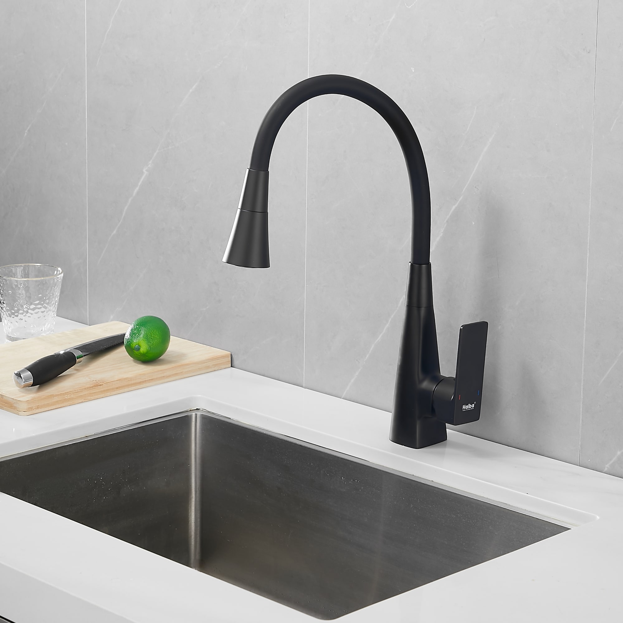 Смеситель для кухни Haiba с гибким изливом и режимом душ, черный (HB73823-7) - фото 2