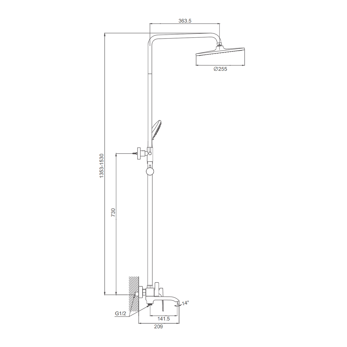 Душевая система Prohanss для ванны и душа с тропическим душем поворотный излив 15 см, хром (P61.24) - фото 2