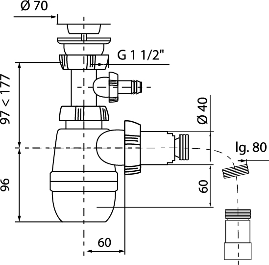 Сифон Wirquin Минор с выпуском 1½  х 40 мм с отводом для стиральной или посудомоечной машины и гофротрубой L (30718030) - фото 2