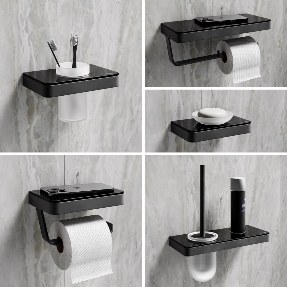 Двойной держатель для туалетной бумаги Lemark GLASS LINE с полкой, чёрный матовый/черное стекло (9722042) - фото 4