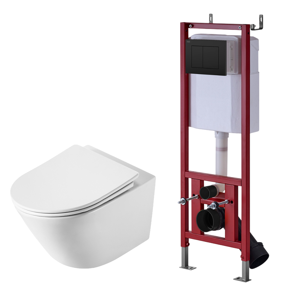 Комплект DQ Унитаз подвесной безободковый (торнадо) DT1476516 белый + Инсталляция с черной клавишей DI8540116 (DS1471601) - фото 1