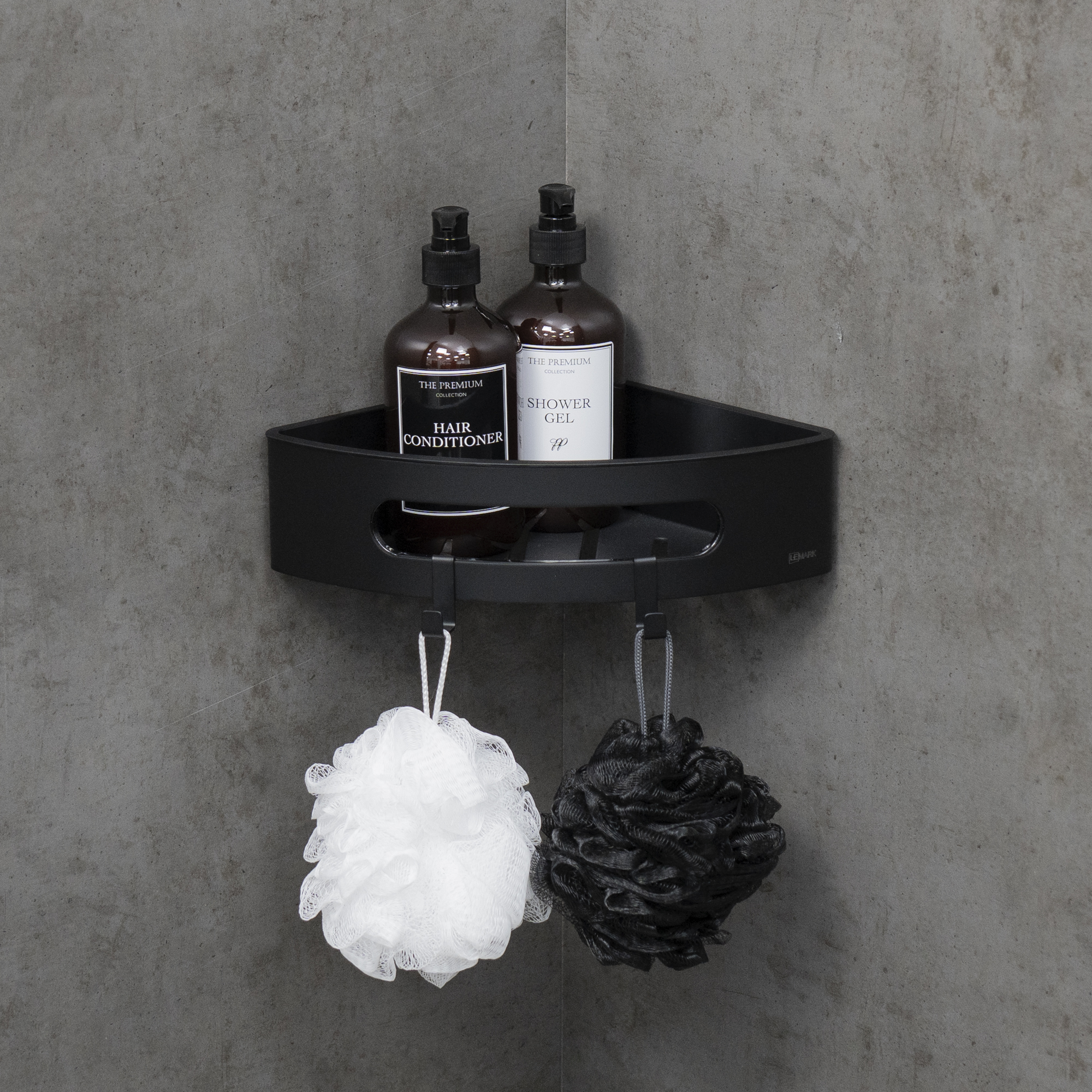 Полка для душа угловая Lemark SHELF LINE из нерж. стали с крючками, черный/ вставка-пластик черный (9772047) Полка для душа угловая Lemark SHELF LINE из нерж. стали с крючками, черный/ вставка-пластик черный (9772047) - фото 4
