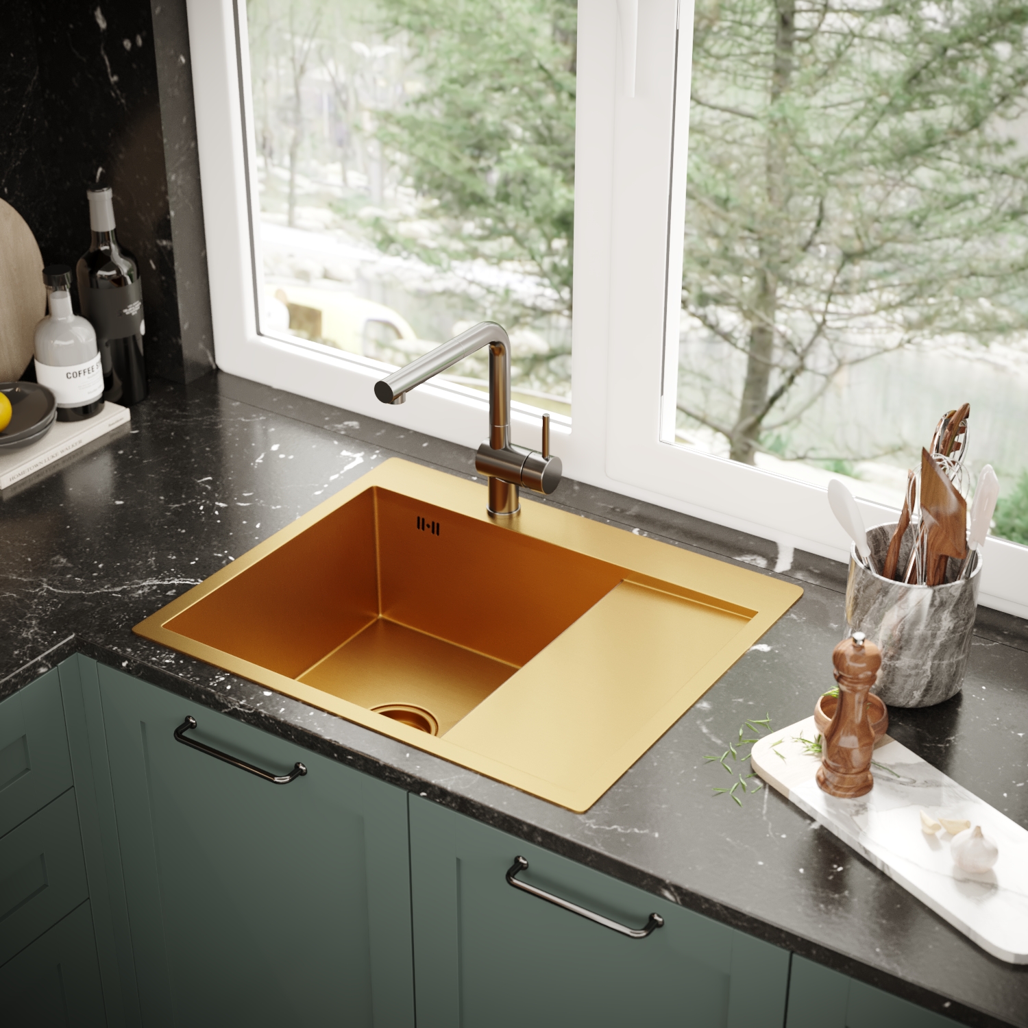 Кухонная мойка 60х50  лев. вып 3 1/2  MIXLINE PRO 20см с сифоном золото (552924) - фото 3