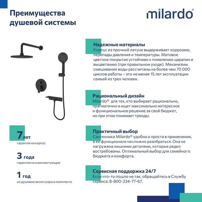 Душевая система скрытого монтажа с тропическим душем и ручным душем Milardo Rora (RORBL02M67) - фото 6