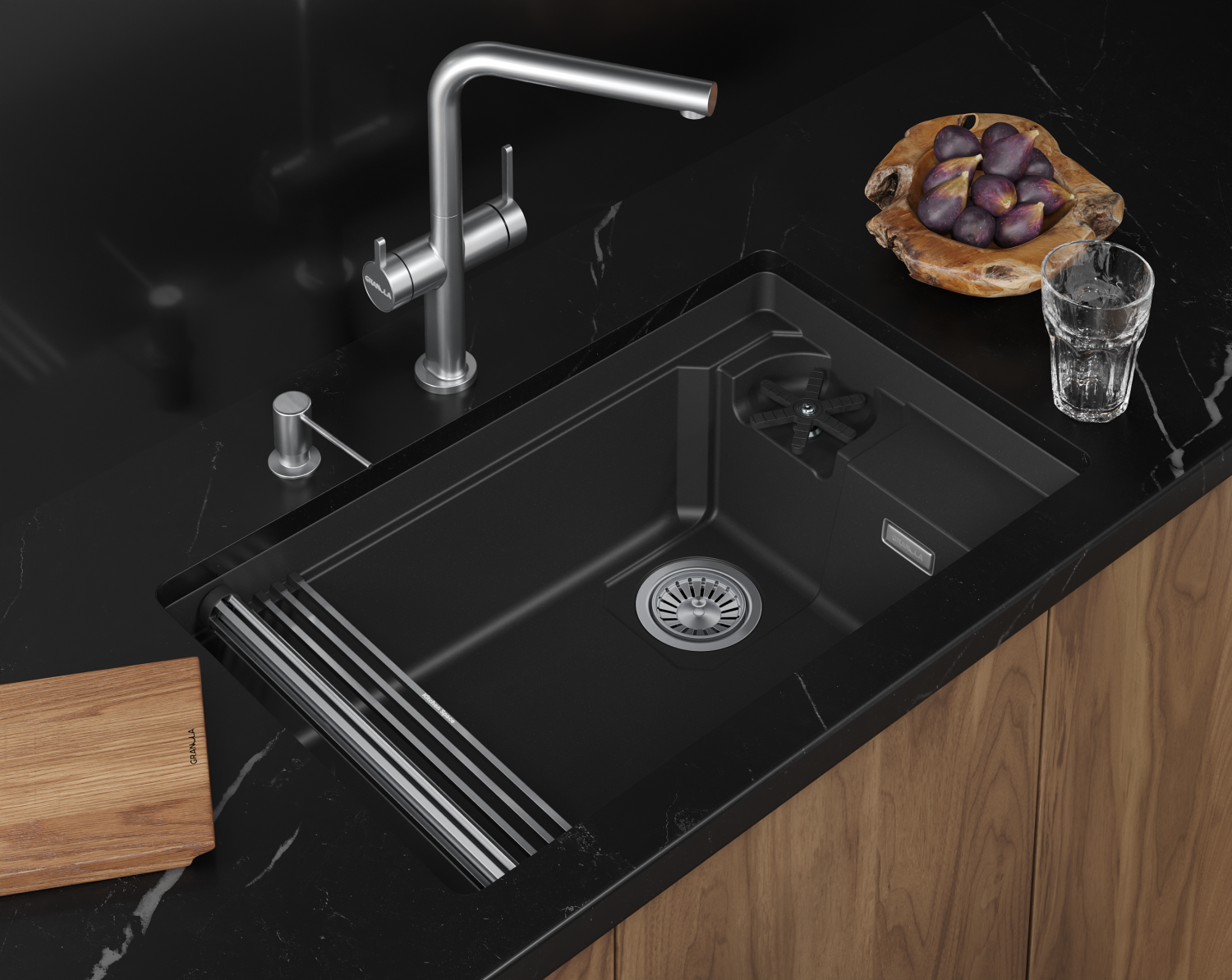 Кухонная мойка GRANULA KITCHEN SPACE RINZER кварц (7309RU, ЧЕРНЫЙ) - фото 2