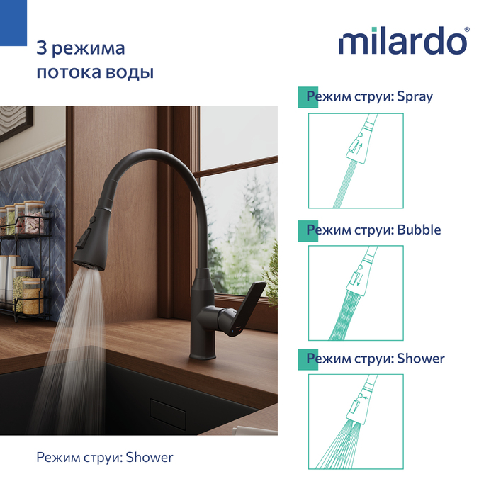 Смеситель для кухни Milardo Poli с гибким изливом, черный матовый (POLBL0FM05) - фото 7
