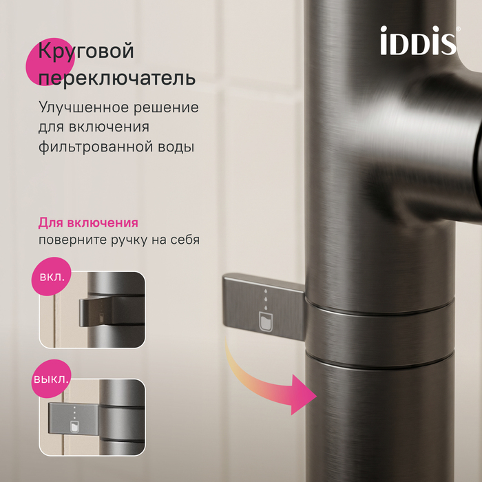 Смеситель для кухни IDDIS Спин (Spin) с каналом для фильтрованной воды и круговым дивертором, графит (SPNGMCFi05) - фото 10