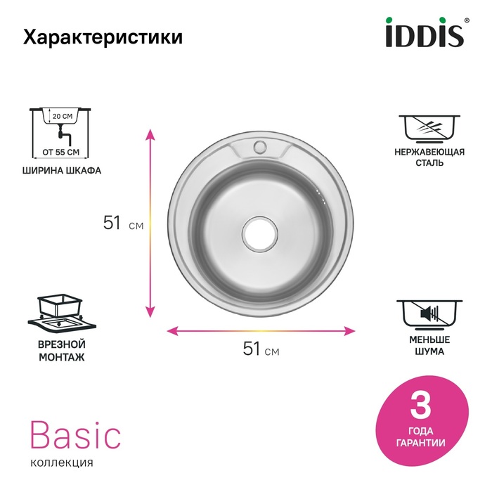 Мойка IDDIS Бэйсик (Basic) нерж. cталь, сатин, D510 (BAS51S1i77) - фото 6