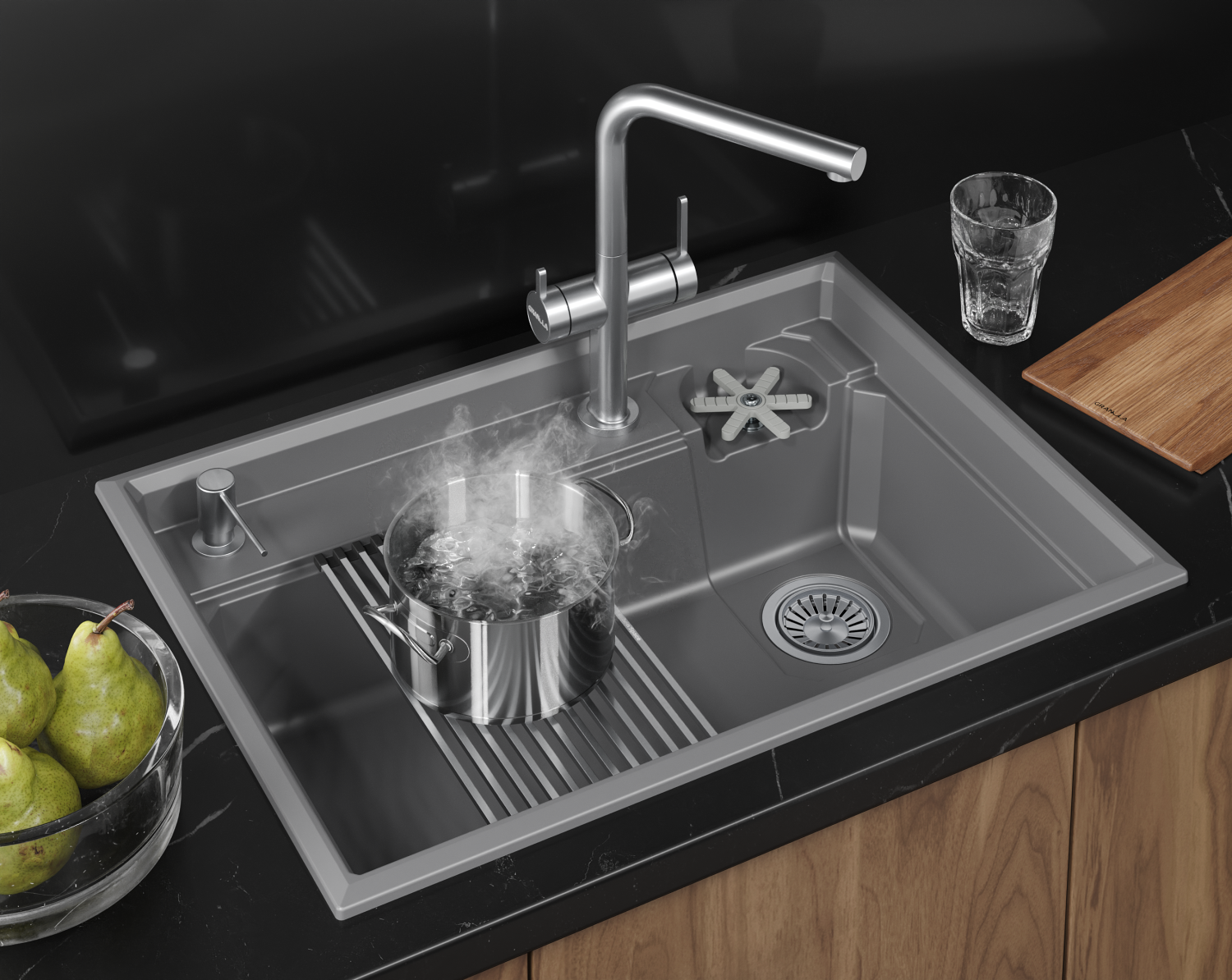 Кухонная мойка GRANULA KITCHEN SPACE RINZER кварц (7308R, АЛЮМИНИУМ) - фото 2