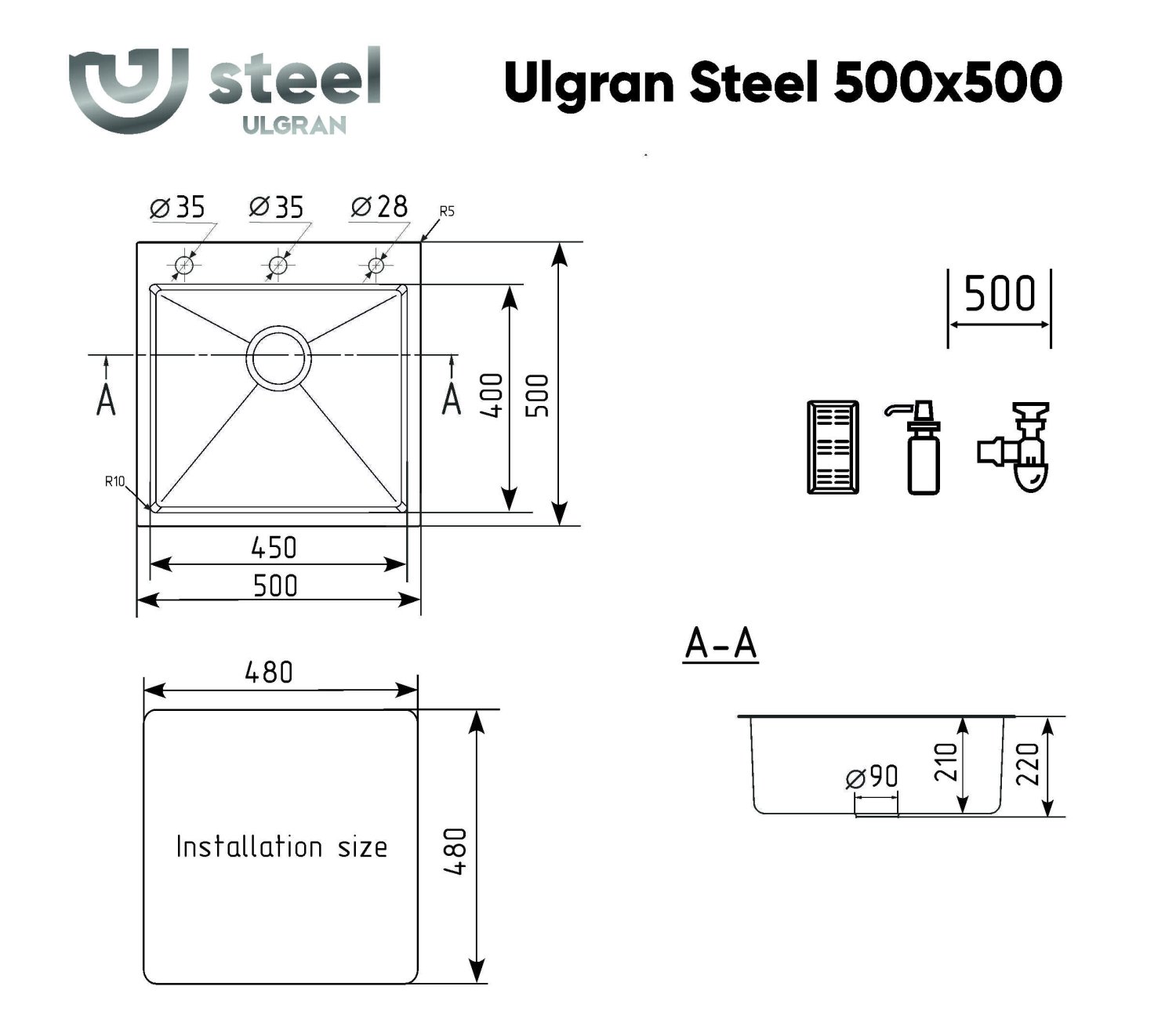 Мойка ULGRAN STEEL 500 Х 500, цвет «черная брашированная сталь»  (US 500х500-002) - фото 8
