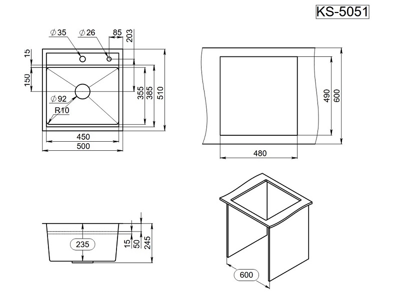 Кухонная мойка GRANULA Kitchen Space (5051, СТАЛЬ МАТОВАЯ) - фото 4