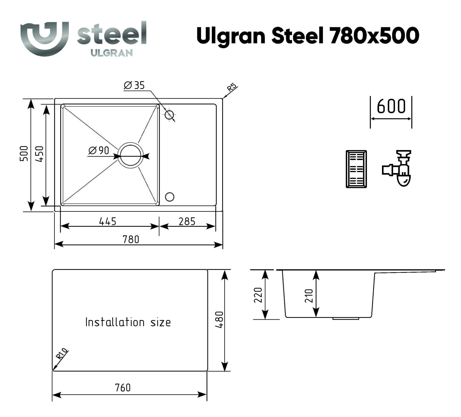 Мойка ULGRAN STEEL 780 Х 500, цвет «черная брашированная сталь» (US 780-002) - фото 6