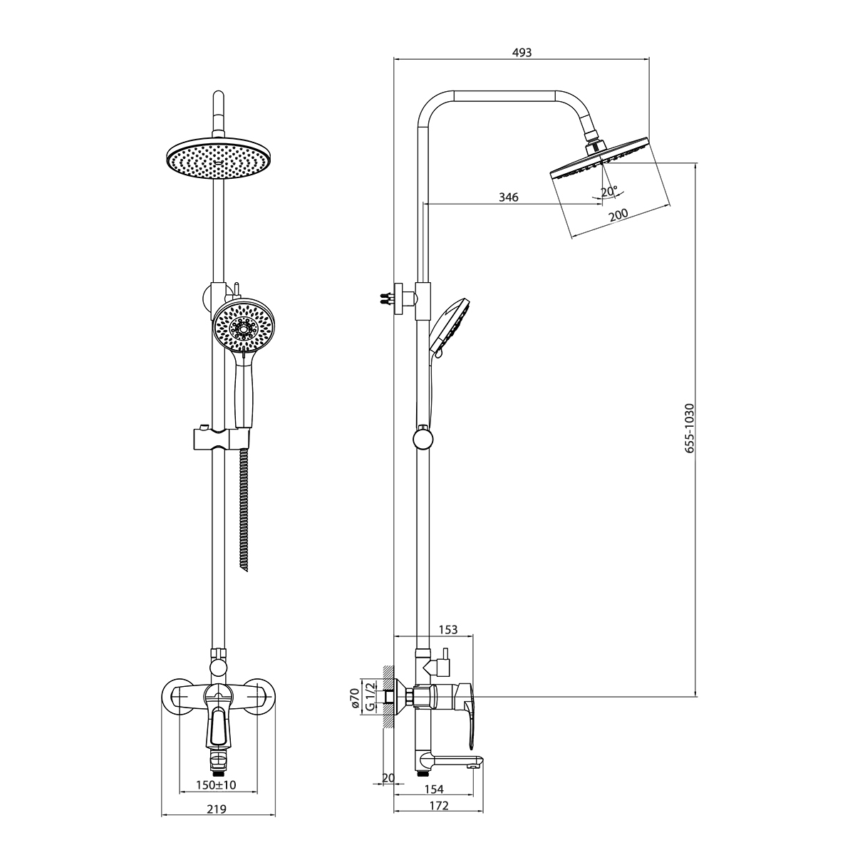 Смеситель для ванны и душа Rossinka T с регулируемой высотой штанги и лейкой Тропический дождь (T40-46) - фото 2