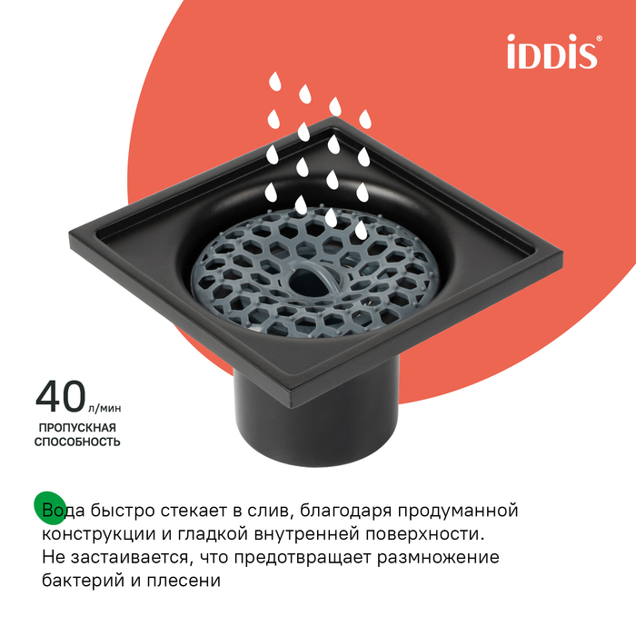 Трап душевой, вертикальный выпуск, сухой затвор, 10х10см, матовый черный, IDDIS, 980CV10BL3DDZ - фото 6
