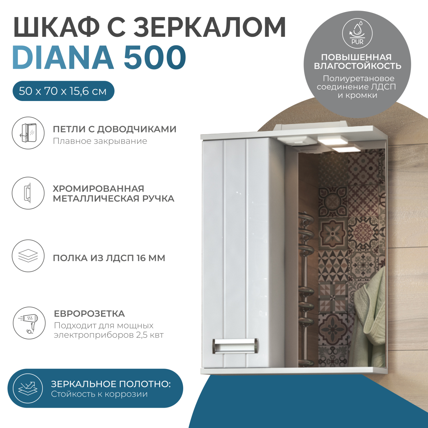 Шкаф VIGO навесной с зеркалом Diana 500 (левый) со спотом (z.DIA.50.L.El) - фото 2