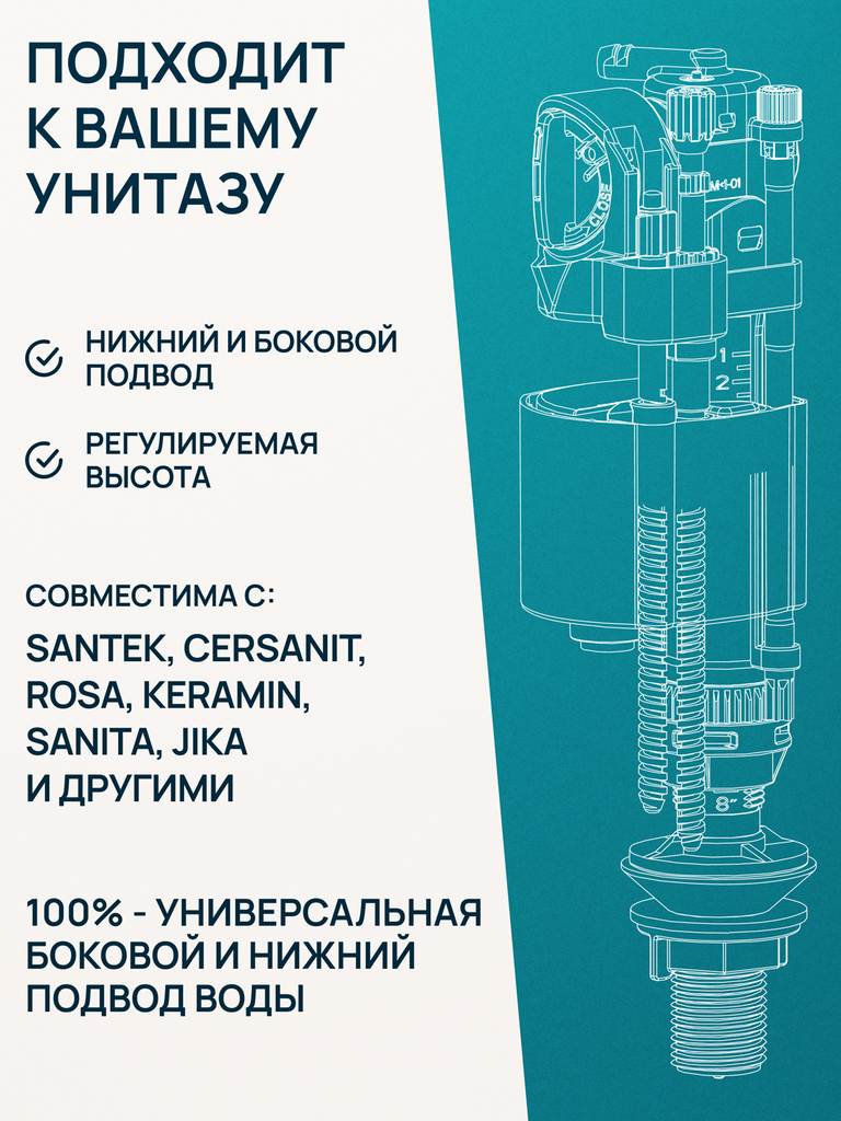 Арматура к смыв. бачку WAVE Варм.02 (WArm.02), хром кнопка (зал.клапан, унив., бок./нижн. подкл.1/2) (557749) - фото 4