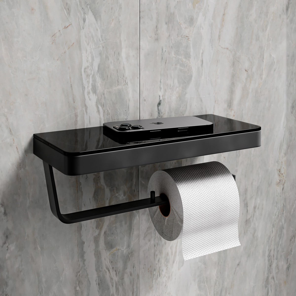 Двойной держатель для туалетной бумаги Lemark GLASS LINE с полкой, чёрный матовый/черное стекло (9722042) - фото 3