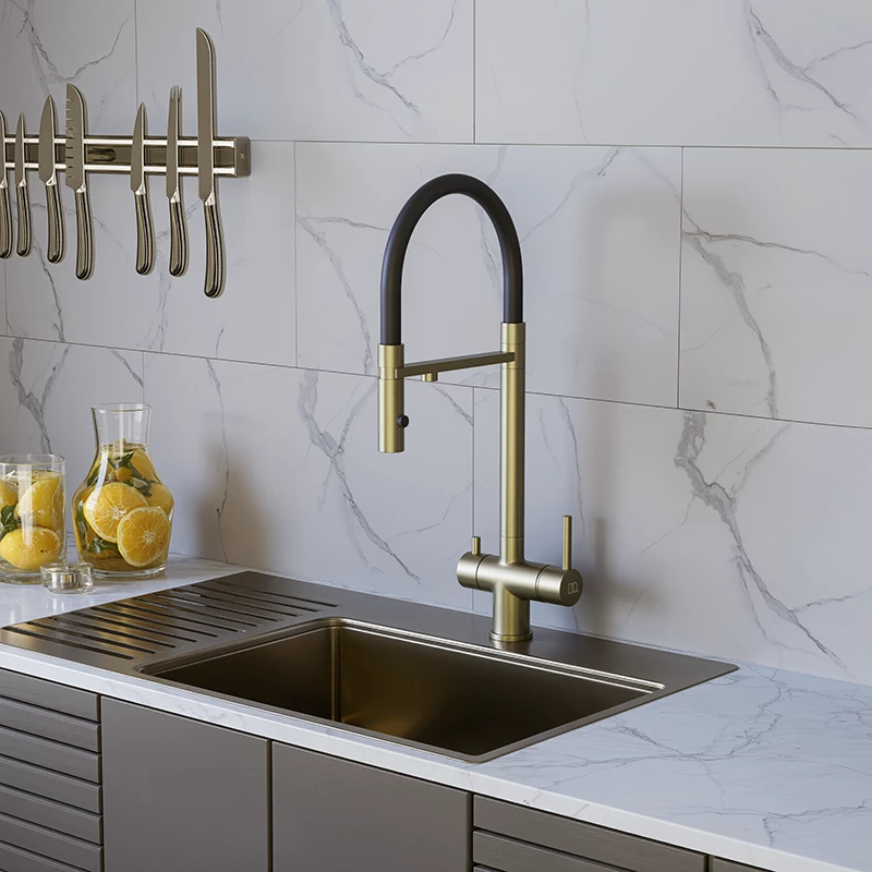 Смеситель для кухонной мойки DQ с фильтром матовое золото (DA1462507Gold) - фото 3