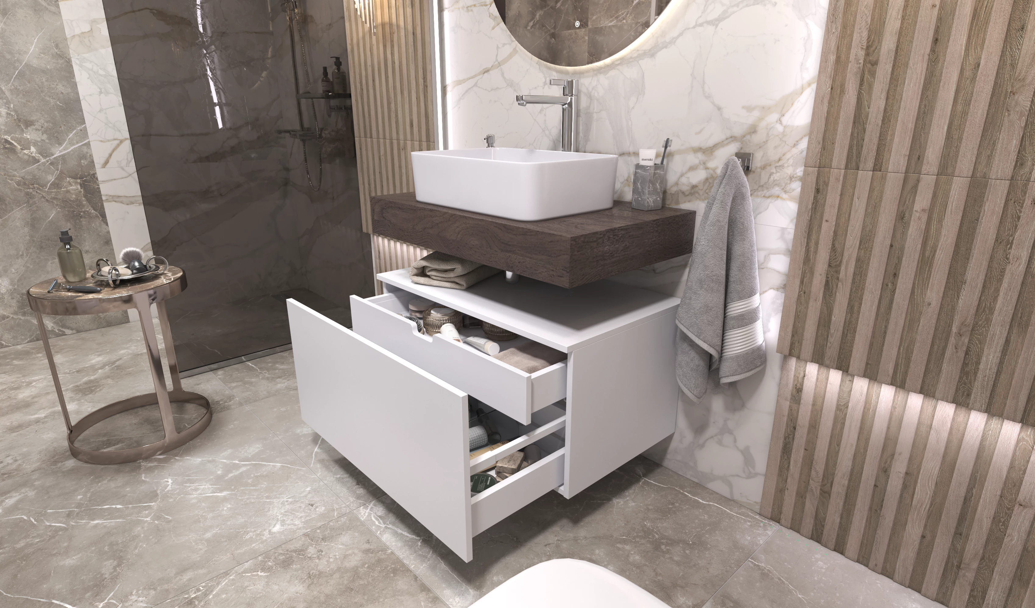 Тумба подвесная Velvex Unit 80, выс. 40, выдв. ящик, внутр. ящик, белый матовый (tp.UNI.80.2Y белый матовый) Тумба подвесная Velvex Unit 80, выс. 40, выдв. ящик, внутр. ящик, белый матовый (tp.UNI.80.2Y белый матовый) - фото 3