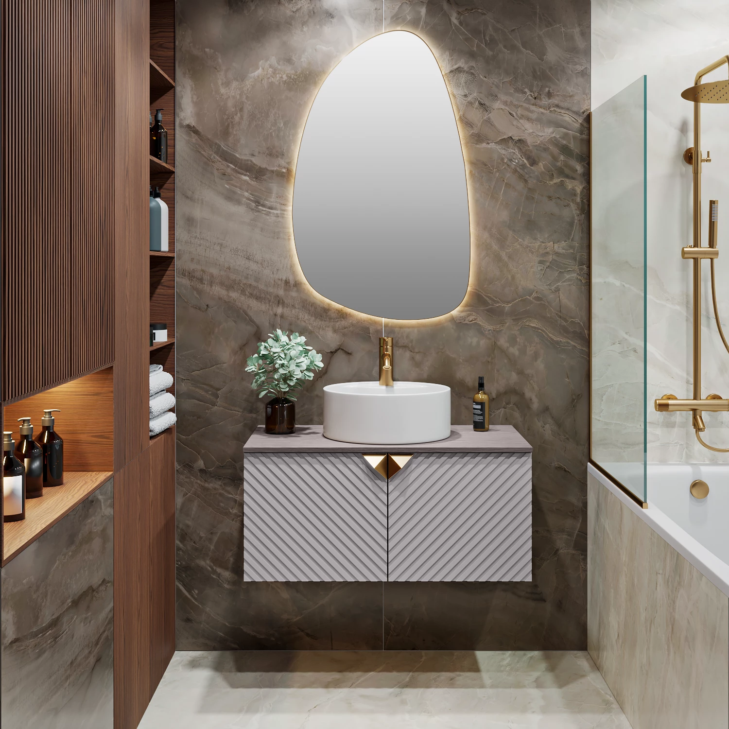 Тумба RUNO Андорра 85 кашемир серый дуб какао подвесная под накладной умывальник (00-00002017) - фото 2