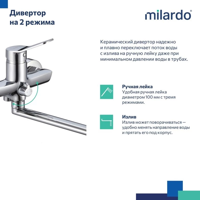 Смеситель для ванны с длинным изливом, глянцевый хром, Enjoy, Milardo, (ENJSB00M10) Смеситель для ванны с длинным изливом, глянцевый хром, Enjoy, Milardo, (ENJSB00M10) - фото 7