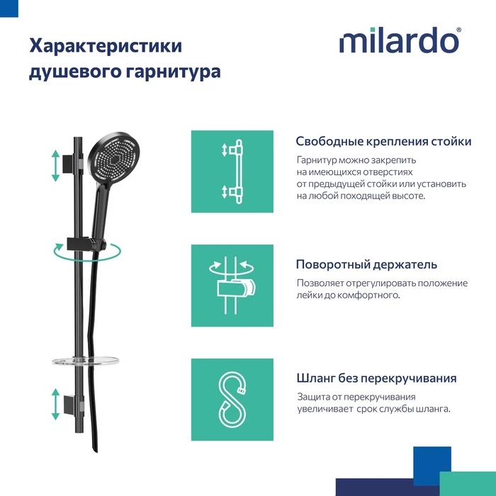 Душевой гарнитур со штангой Milardo Ideal Spa черный матовый (ILS3B70M16) - фото 4