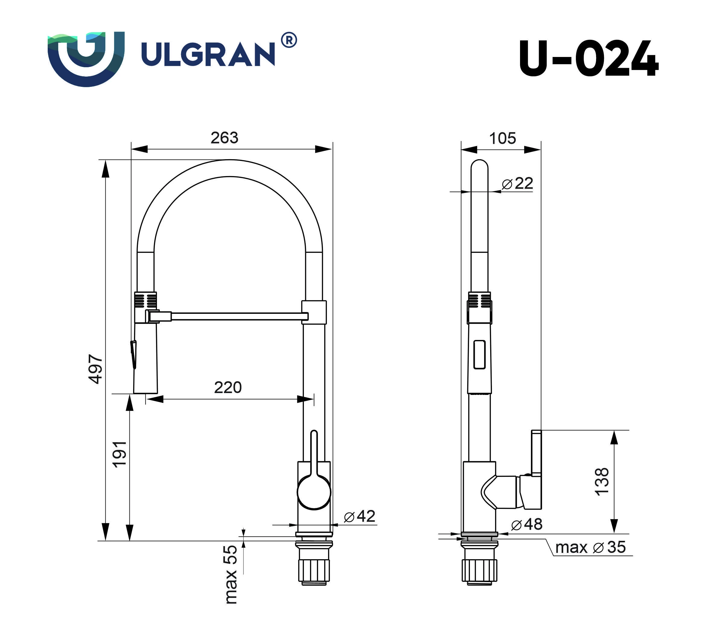 Смеситель для кухни Ulgran Classic ультра-черный (U-024-344) Смеситель для кухни Ulgran Classic ультра-черный (U-024-344) - фото 3